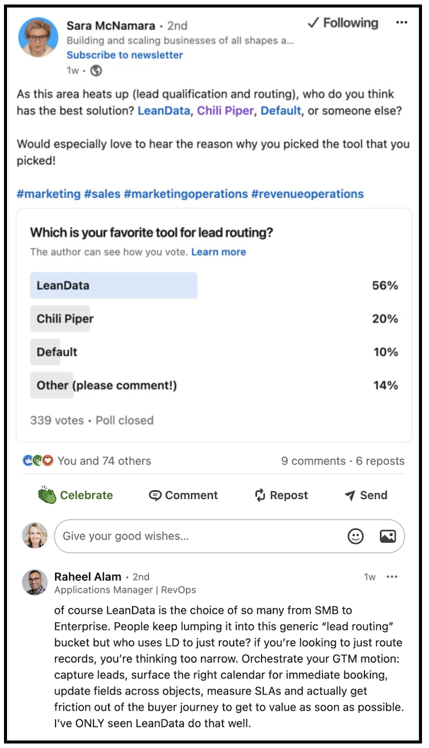 Poll on LinkedIn where LeanData won for best lead routing